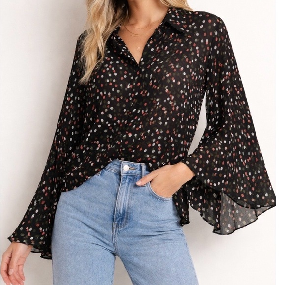 Cato Tops - ASOS Womens Pleated Polka Dot 18/20W Blouse Black Sheer Bell Sleeve Flowy Top